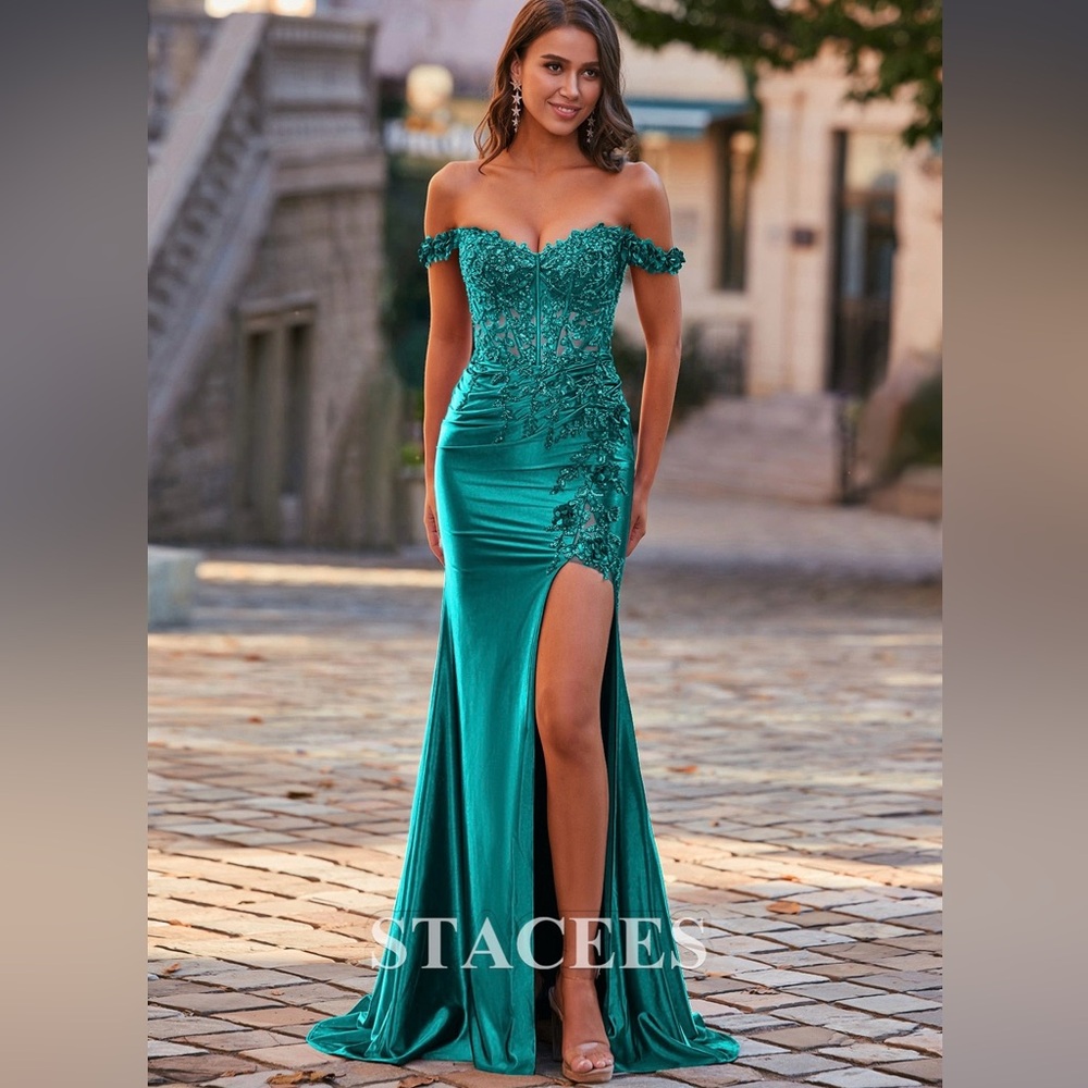 Teal Off-Shoulder Prom Dress with Slit